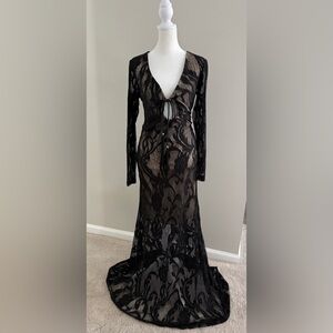 Va Va Voom Elegant Black Lace Lined Long Gown With Tie Front - EUC